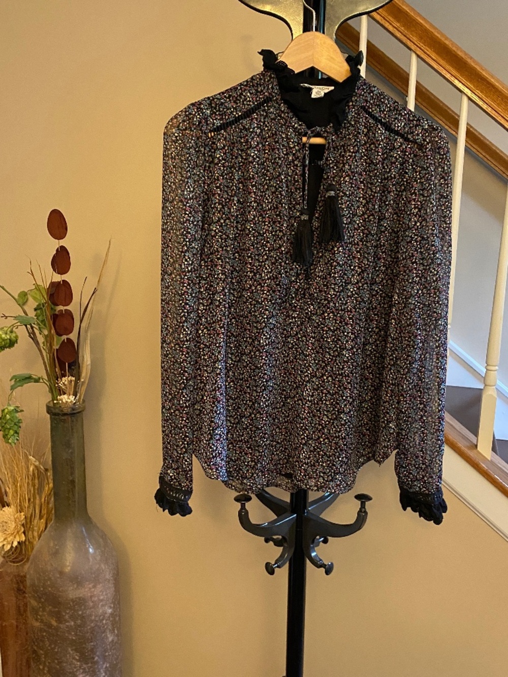 Allison New York Ruffle Trim Lace Detail Black Floral Blouse Size Medium
